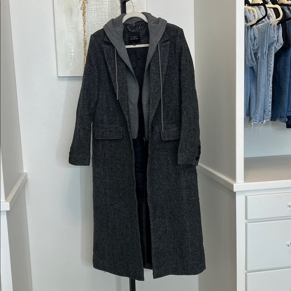 Avec Les Filles grey Wool Blend Herringbone Maxi Coat Detachable Hoodie medium - Picture 2 of 5
